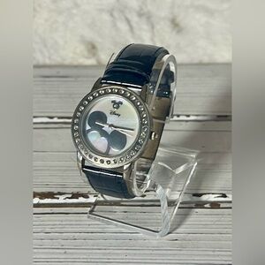 NEW BATTERY Disney Mickey‎ Mouse Ears Watch Mother Of Pearl Crystal Leather